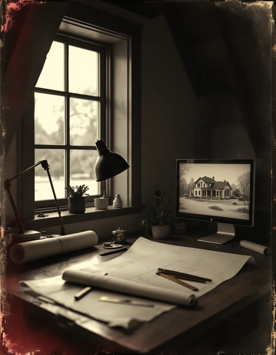 Tintype-style view of the Elvora studio: a drafting table with vellum, brass dividers and a monitor in late light