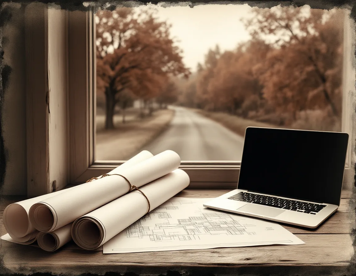 Tintype-style view of rolled plans and a laptop on a windowsill above a country road