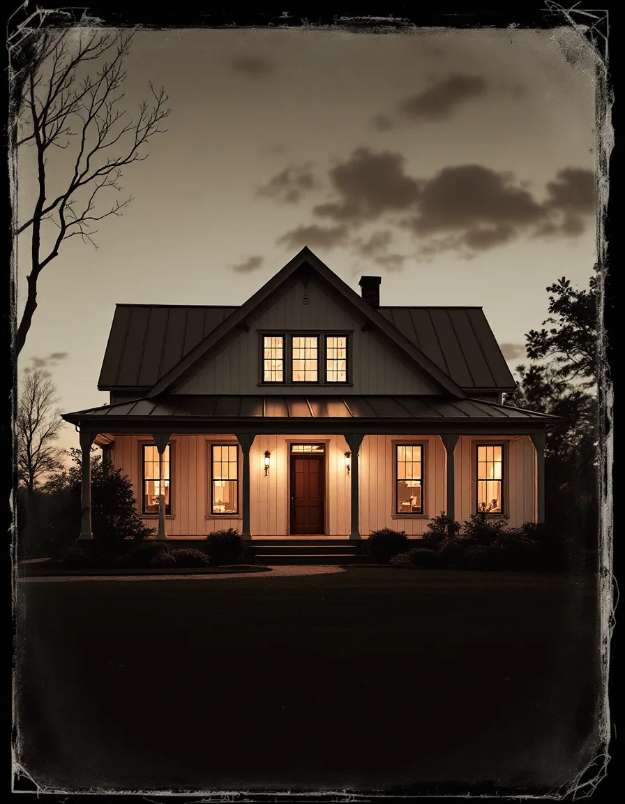 Tintype-style render of a board-and-batten farmhouse at dusk with lit windows