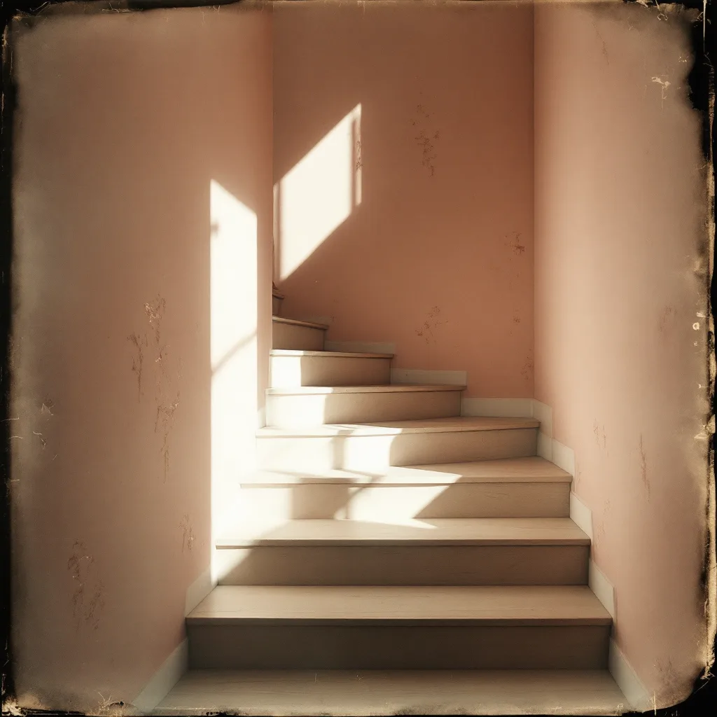 Tintype-style render of an oak staircase with a beam of raking light