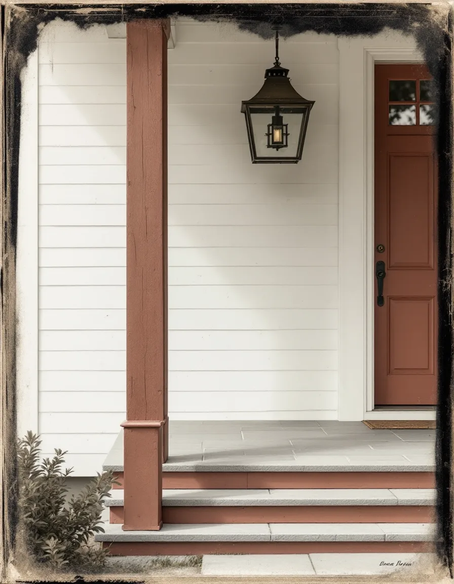 Tintype-style render of a cedar-post porch with bluestone steps and a lantern