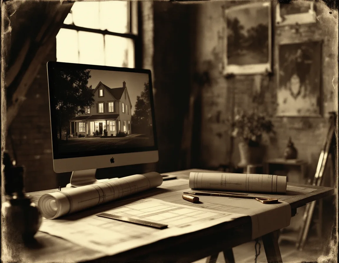 Tintype-style view of a drafting table with rolled plans, brass dividers and a monitor